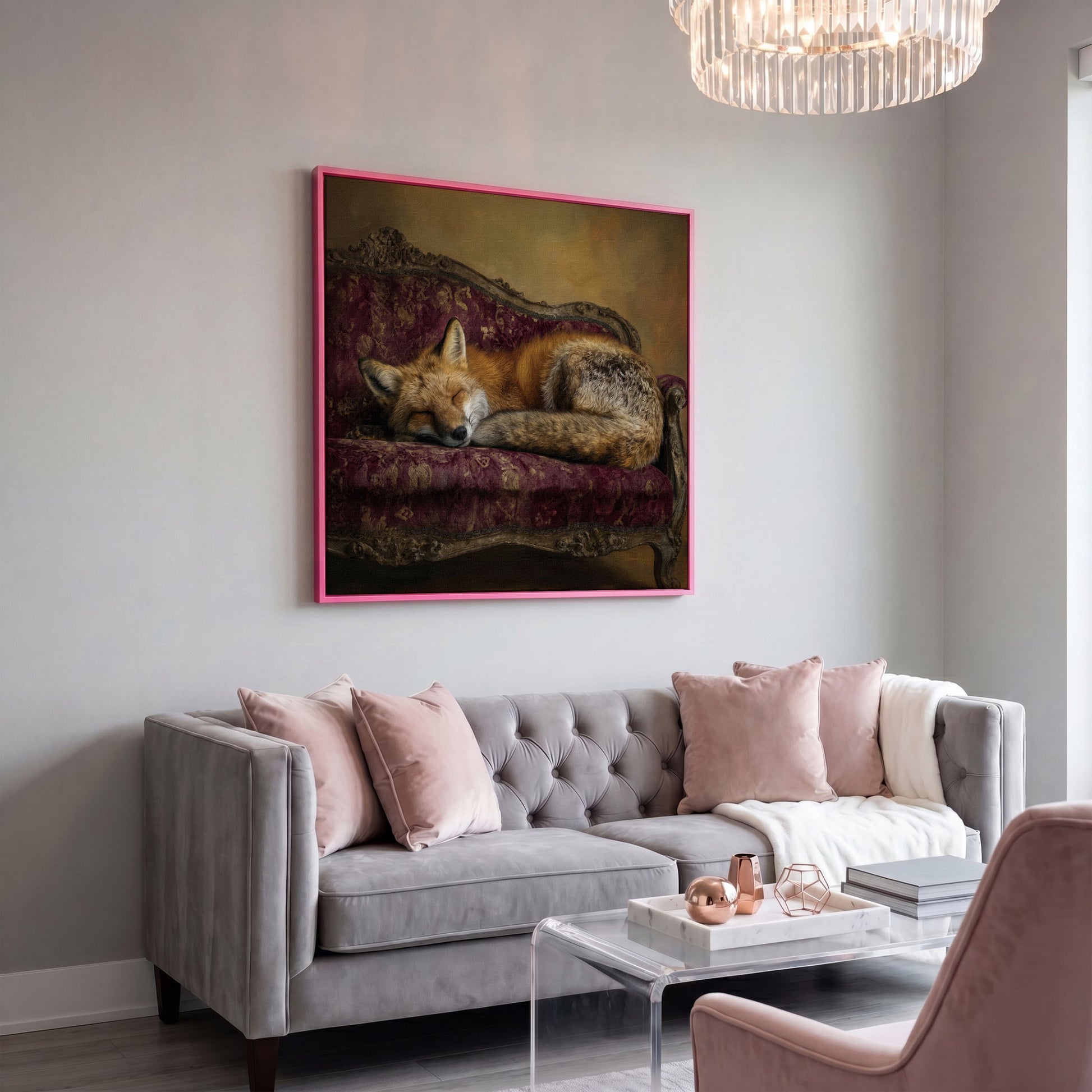 Fox Napping on an Antique Couch. Square Canvas Art in pink floating frame