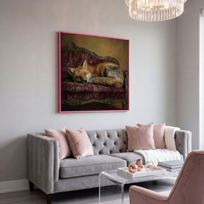 Fox Napping on an Antique Couch. Square Canvas Art in pink floating frame