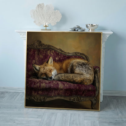 Fox Napping on an Antique Couch. Square Canvas Art in rose gold floating frame