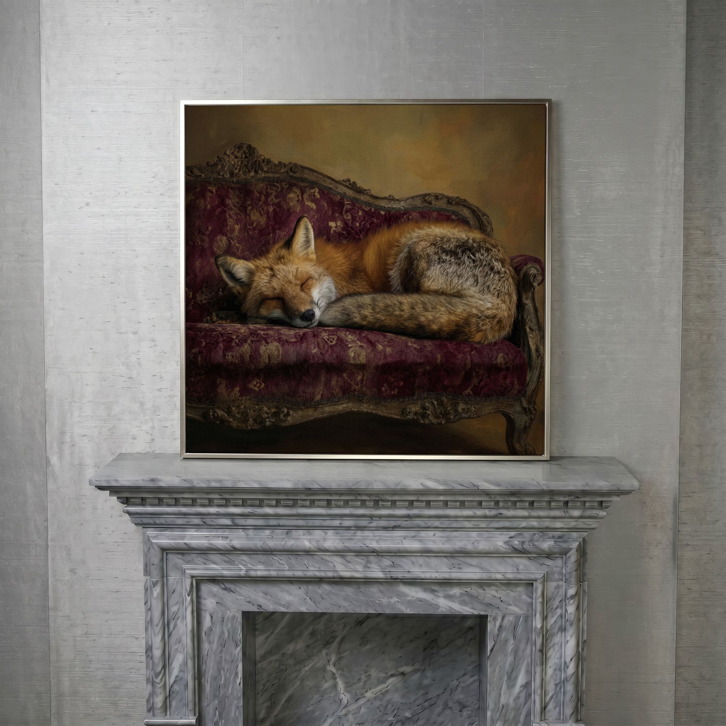 Fox Napping on an Antique Couch. Square Canvas Art in silver floating frame