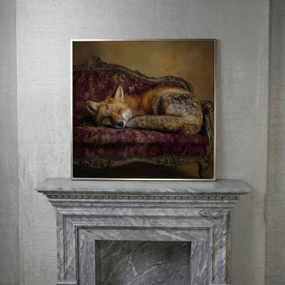 Fox Napping on an Antique Couch. Square Canvas Art in silver floating frame
