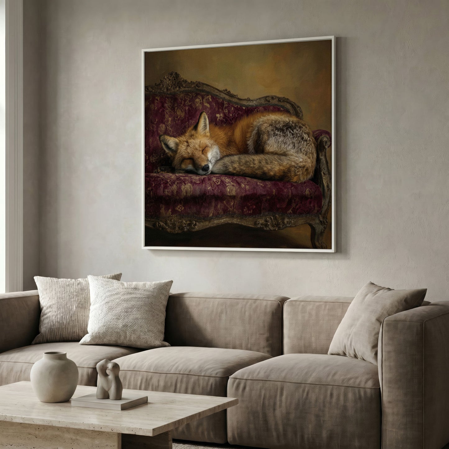 Fox Napping on an Antique Couch. Square Canvas Art in white floating frame