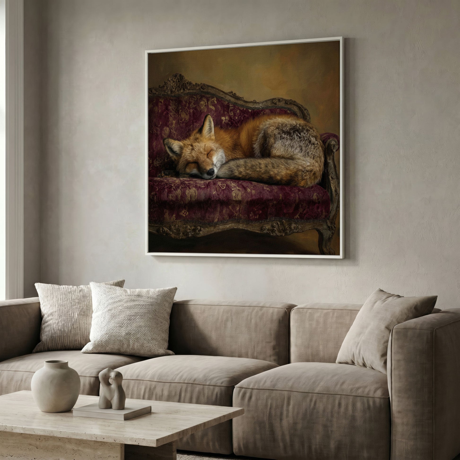 Fox Napping on an Antique Couch. Square Canvas Art in white floating frame