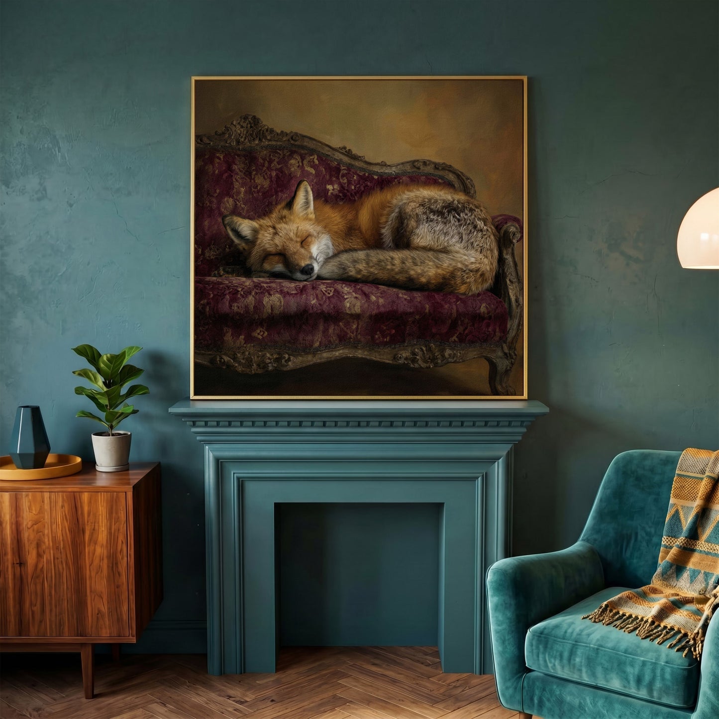 Fox Napping on an Antique Couch. Square Canvas Art in yellow gold floating frame