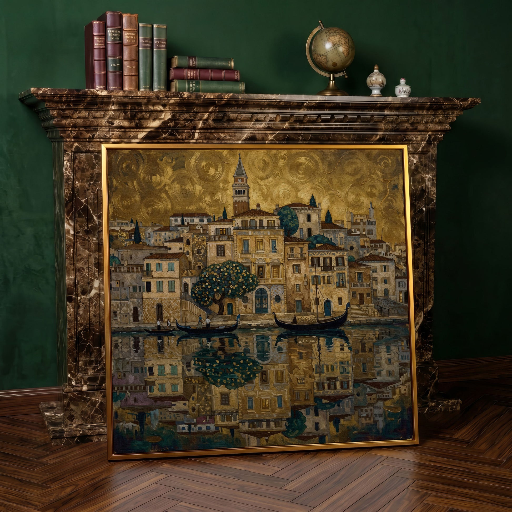 Venice Gondolas and Clock Tower Square Canvas Wall Art in antique gold floating frame