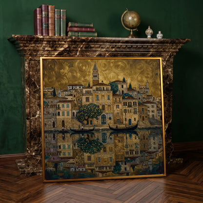 Venice Gondolas and Clock Tower Square Canvas Wall Art in antique gold floating frame
