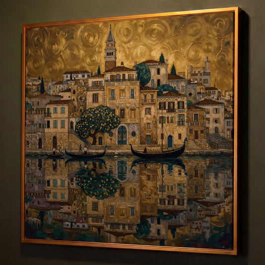 Venice Gondolas and Clock Tower Square Canvas Wall Art shown in antique gold floating frame