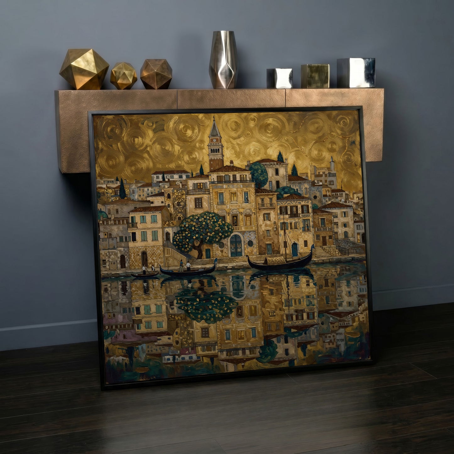 Venice Gondolas and Clock Tower Square Canvas Wall Art in black floating frame