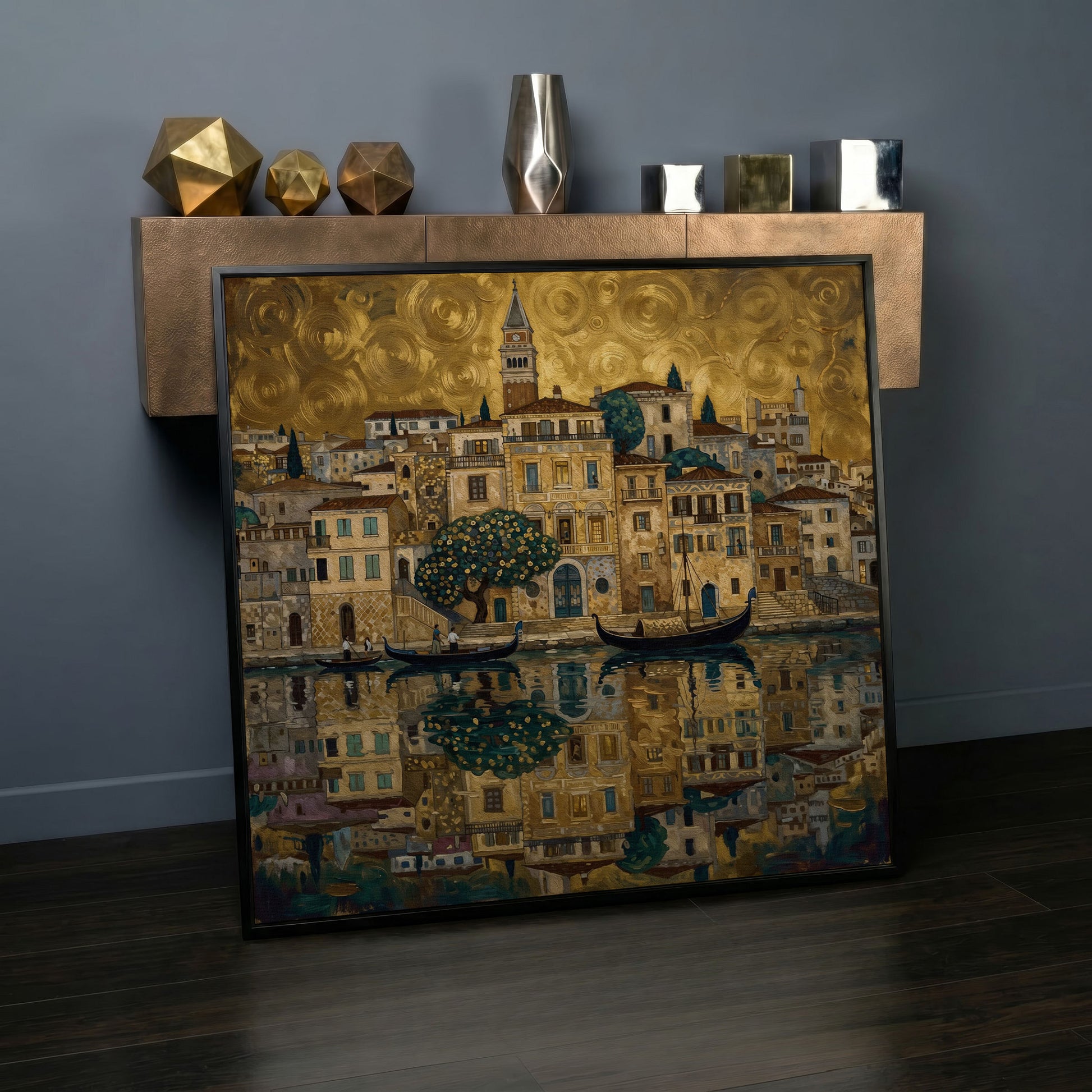 Venice Gondolas and Clock Tower Square Canvas Wall Art in black floating frame