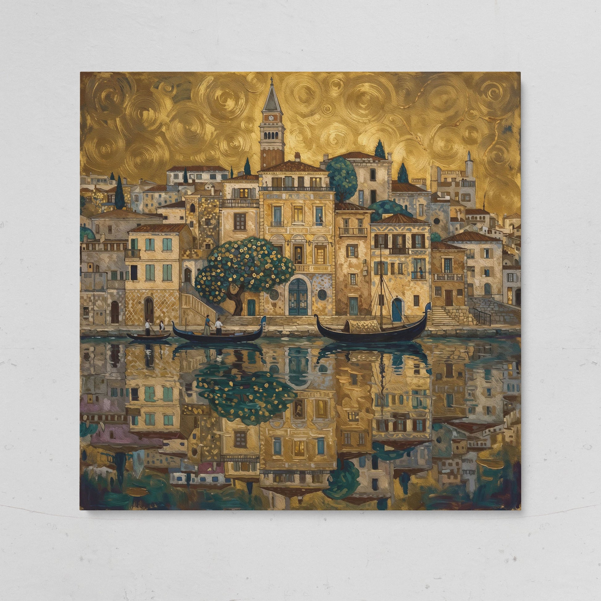 Venice Gondolas and Clock Tower Square Canvas Wall Art on gallery wrap