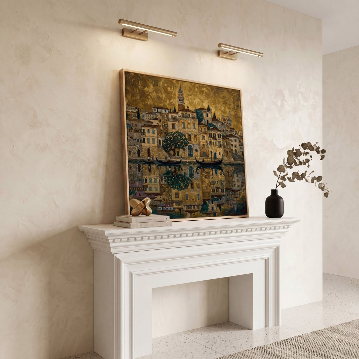 Venice Gondolas and Clock Tower Square Canvas Wall Art in white oak floating frame