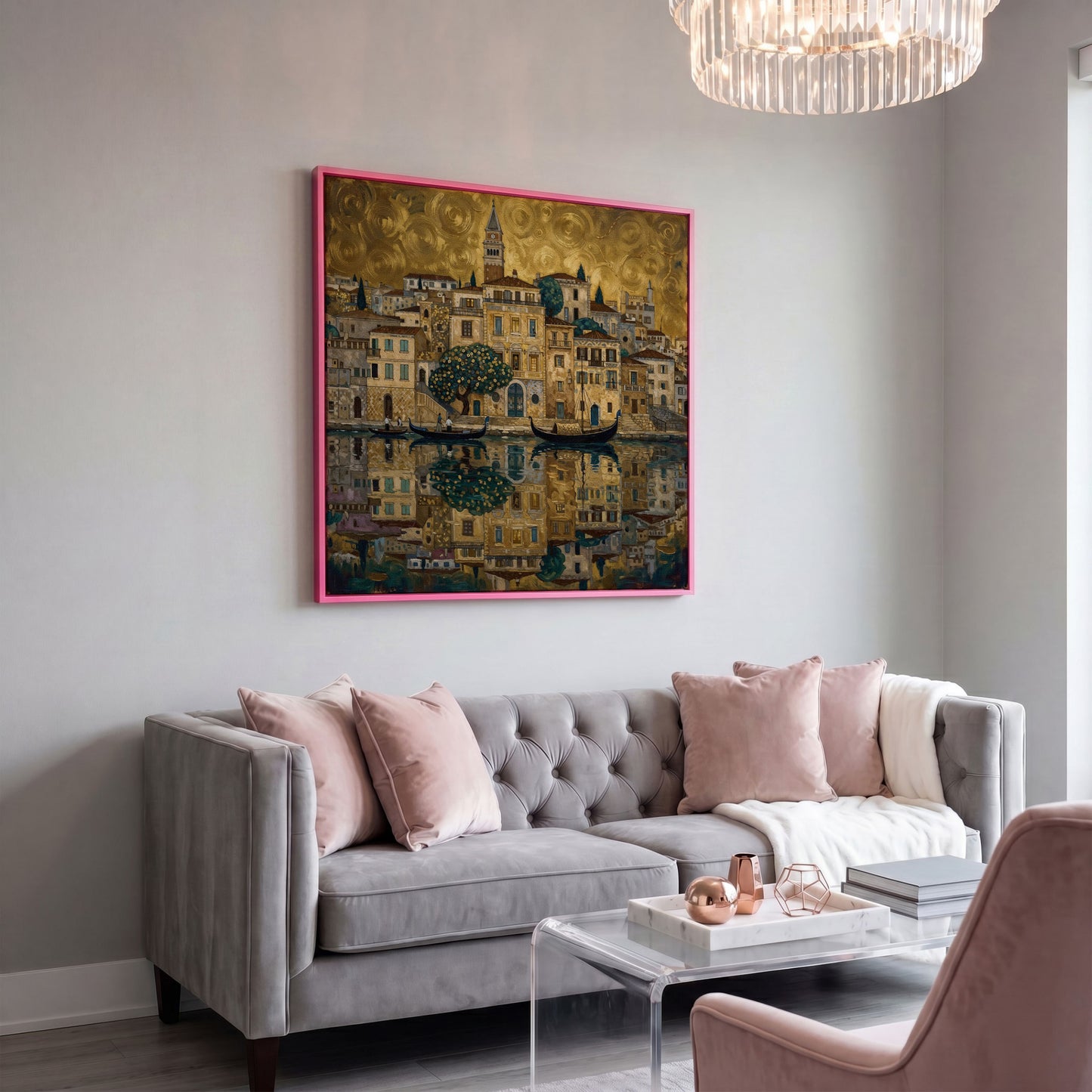 Venice Gondolas and Clock Tower Square Canvas Wall Art in pink floating frame