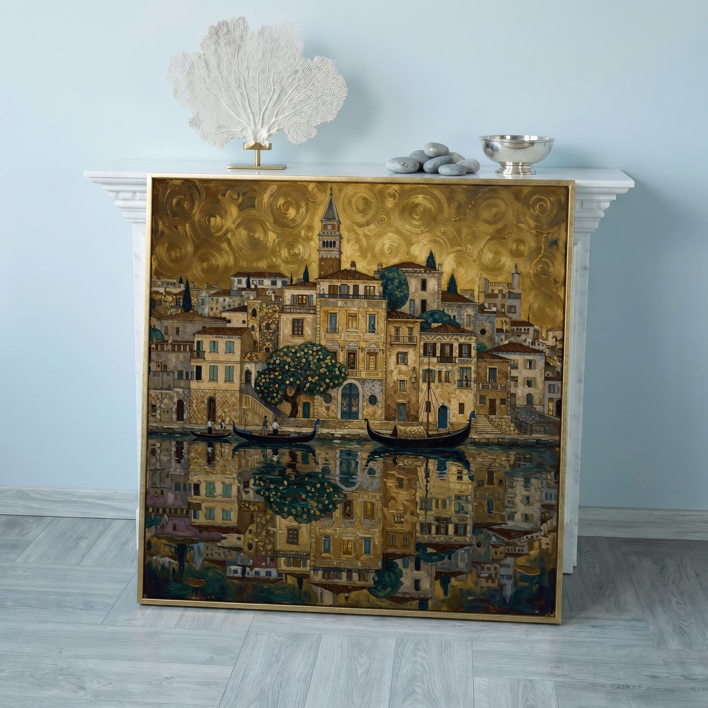Venice Gondolas and Clock Tower Square Canvas Wall Art in rose gold floating frame