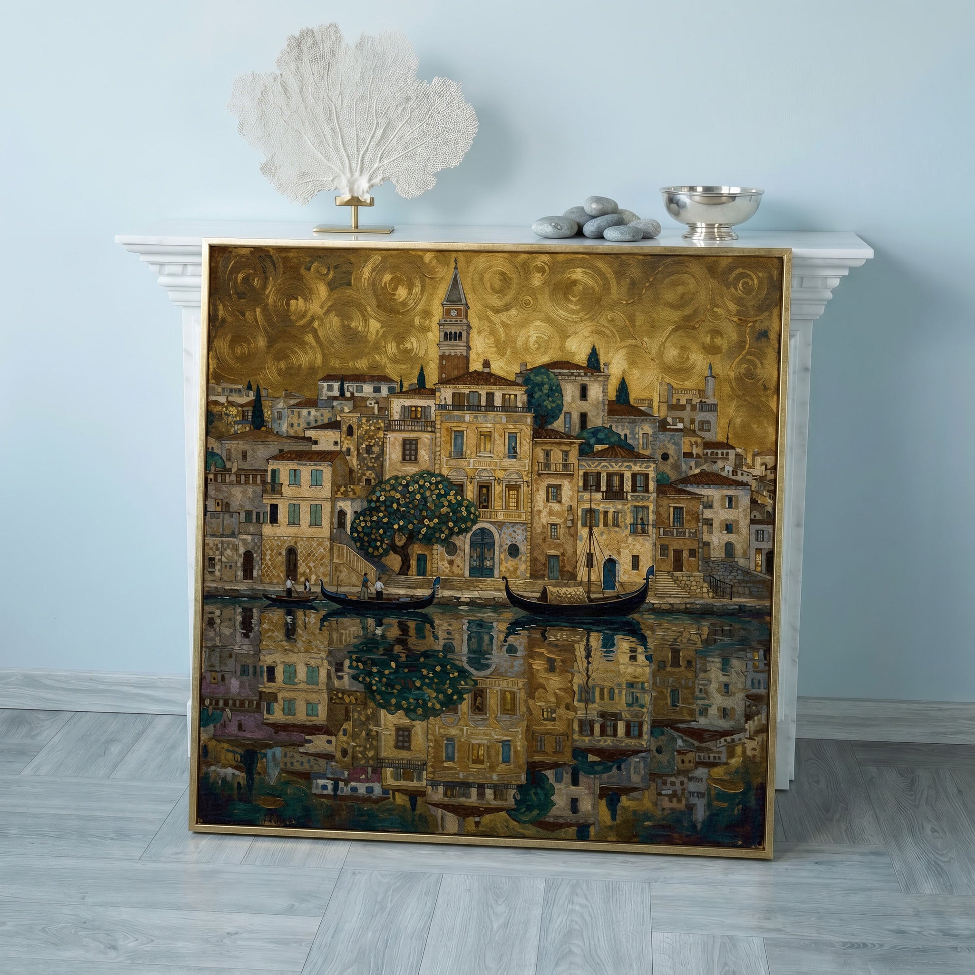 Venice Gondolas and Clock Tower Square Canvas Wall Art in rose gold floating frame