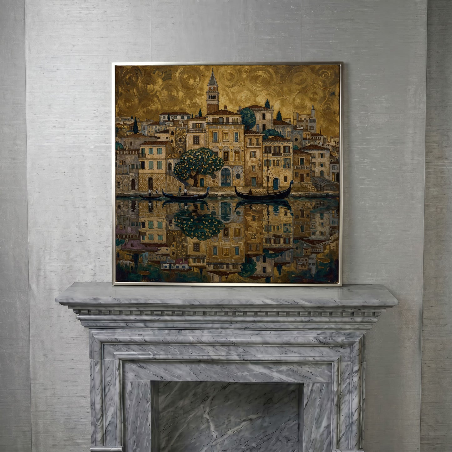 Venice Gondolas and Clock Tower Square Canvas Wall Art in silver floating frame