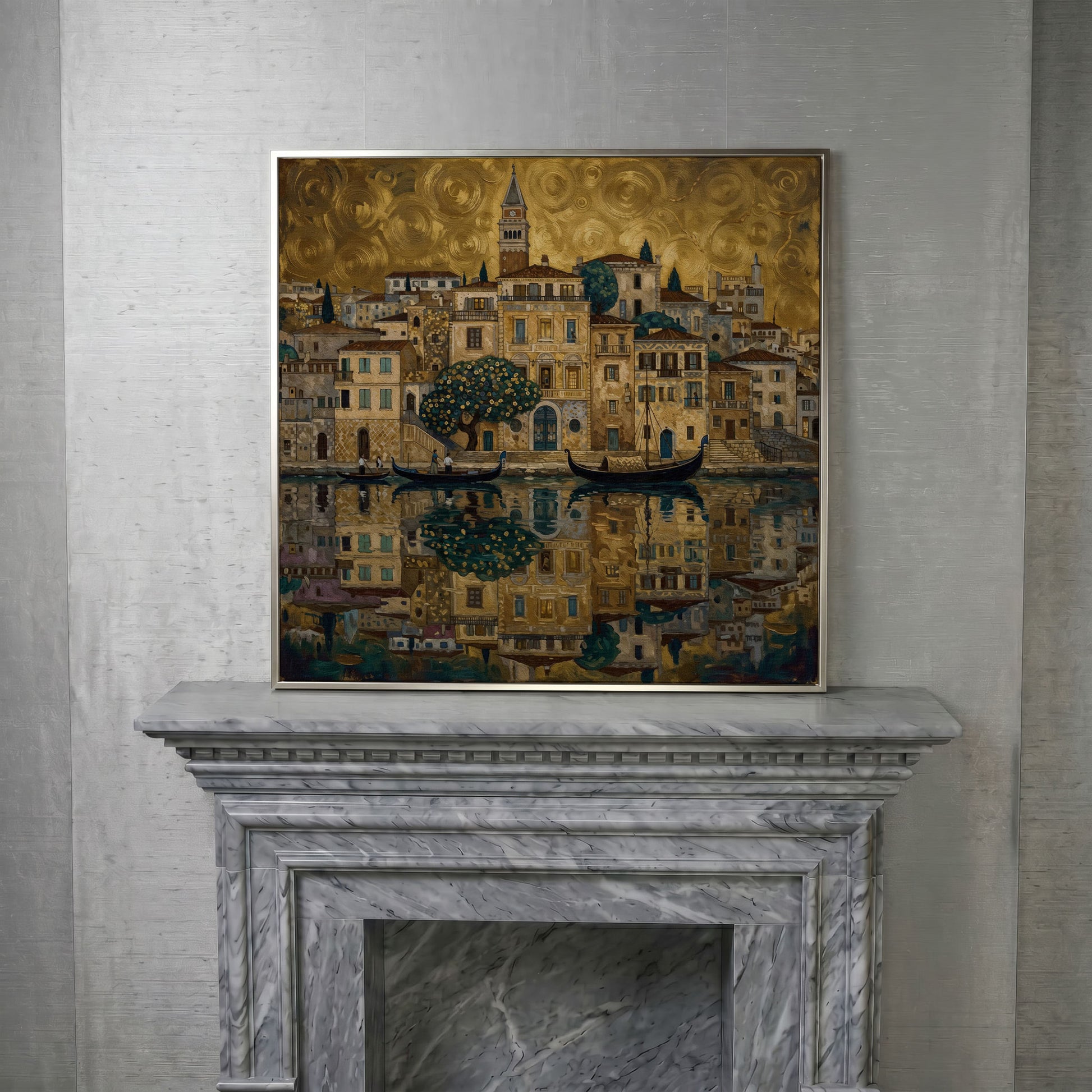Venice Gondolas and Clock Tower Square Canvas Wall Art in silver floating frame