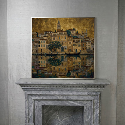 Venice Gondolas and Clock Tower Square Canvas Wall Art in silver floating frame