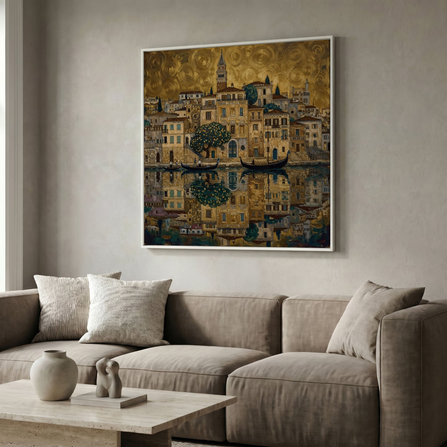 Venice Gondolas and Clock Tower Square Canvas Wall Art in white floating frame