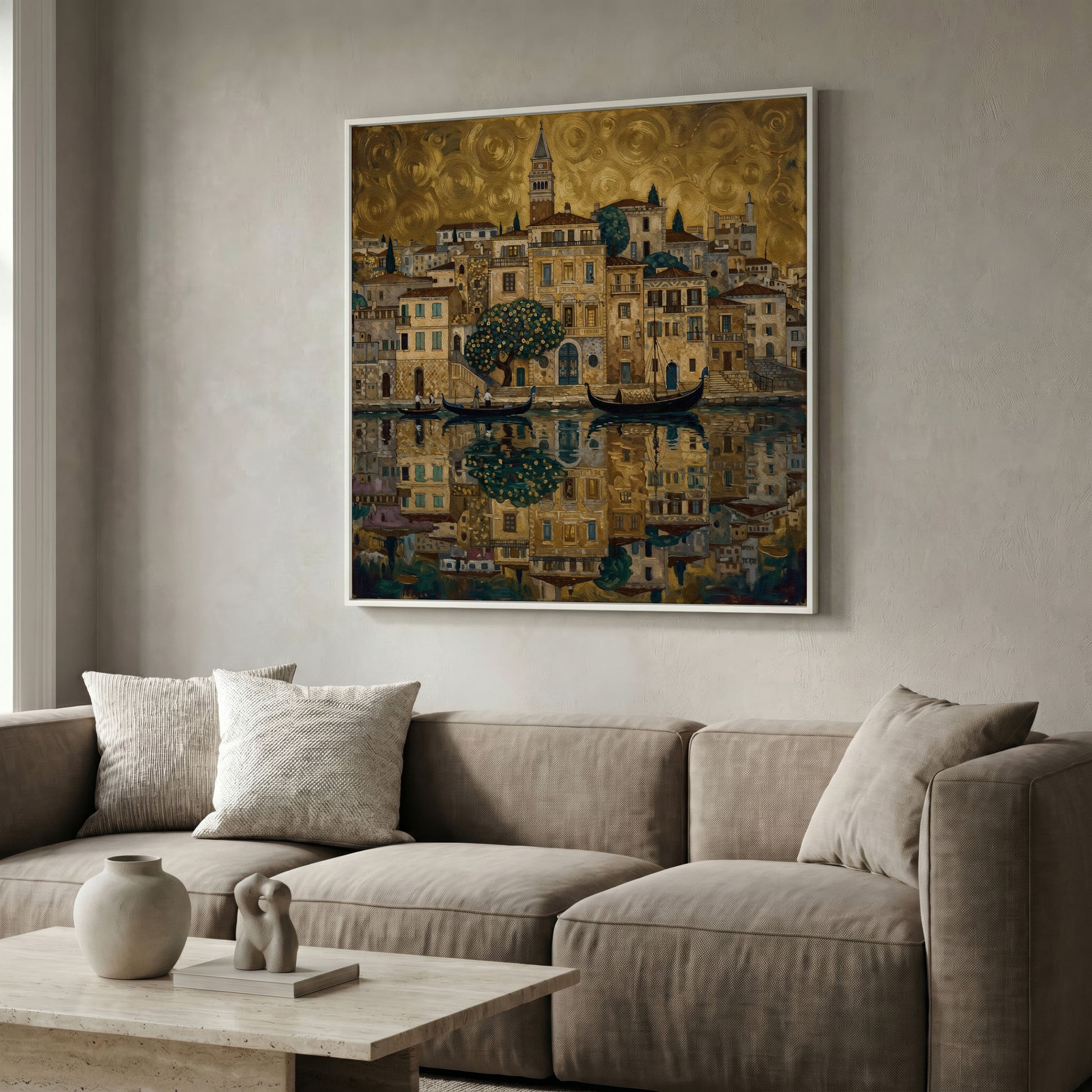 Venice Gondolas and Clock Tower Square Canvas Wall Art in white floating frame