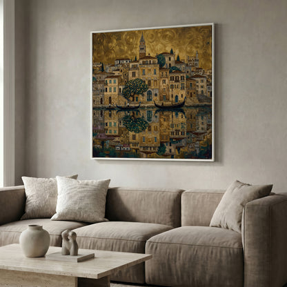 Venice Gondolas and Clock Tower Square Canvas Wall Art in white floating frame