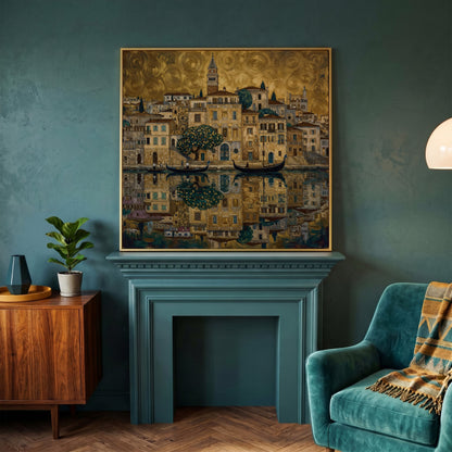 Venice Gondolas and Clock Tower Square Canvas Wall Art in yellow gold floating frame