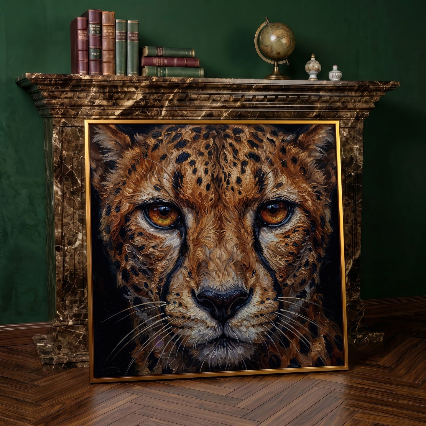 Cheetah Face Close-Up Canvas Wall Art, Square Format in antique gold floating frame