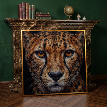 Cheetah Face Close-Up Canvas Wall Art, Square Format in antique gold floating frame