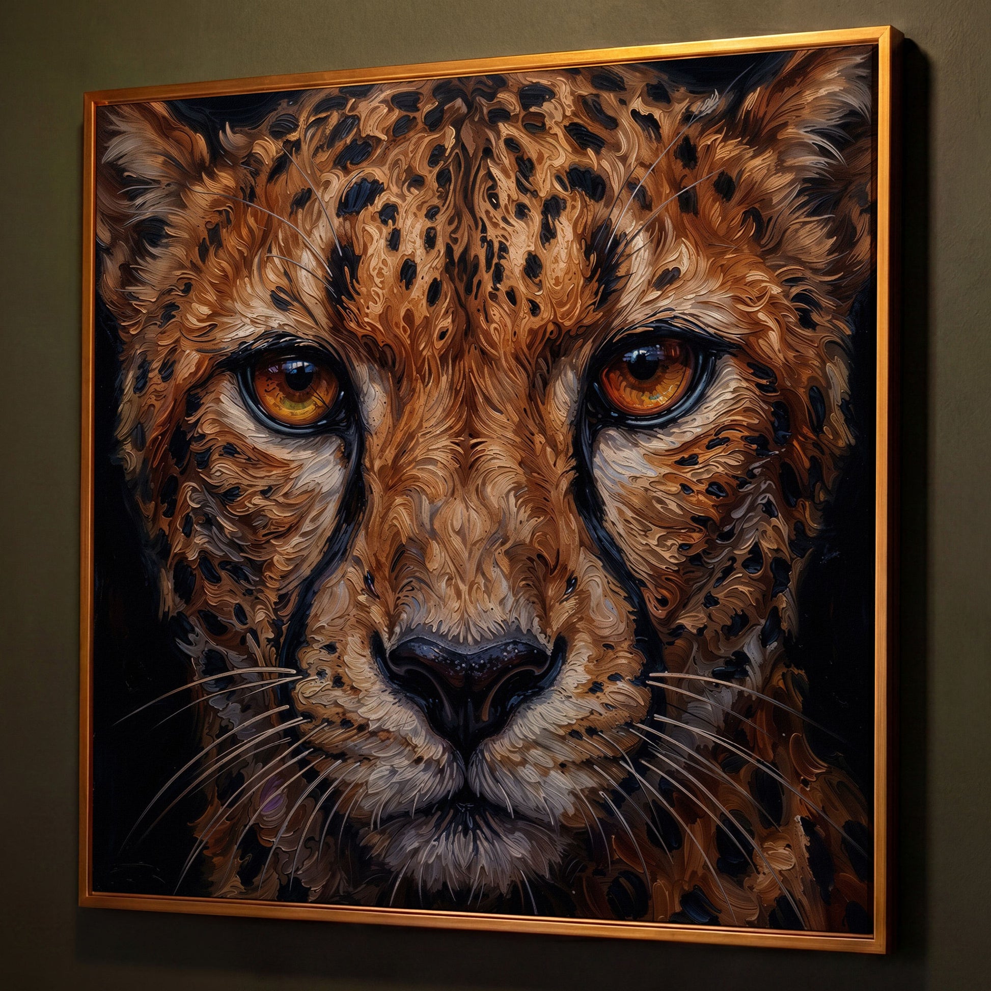 Cheetah Face Close-Up Canvas Wall Art, Square Format shown in antique gold floating frame