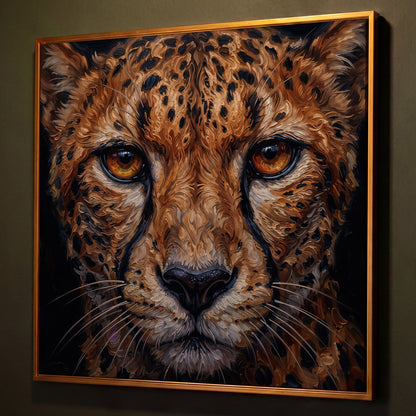 Cheetah Face Close-Up Canvas Wall Art, Square Format shown in antique gold floating frame