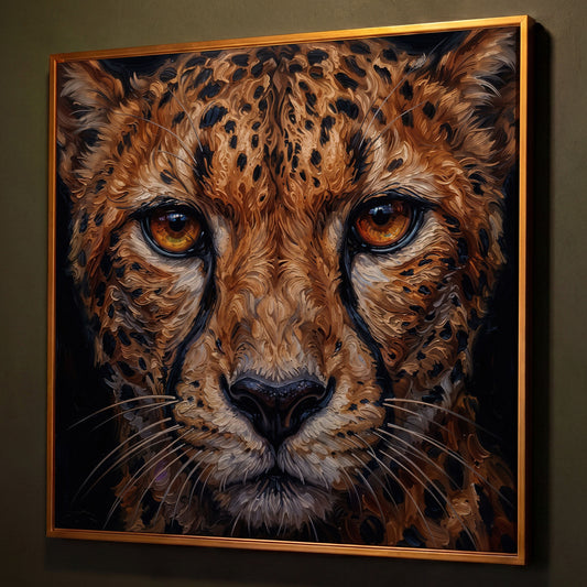 Cheetah Face Close-Up Canvas Wall Art, Square Format shown in antique gold floating frame