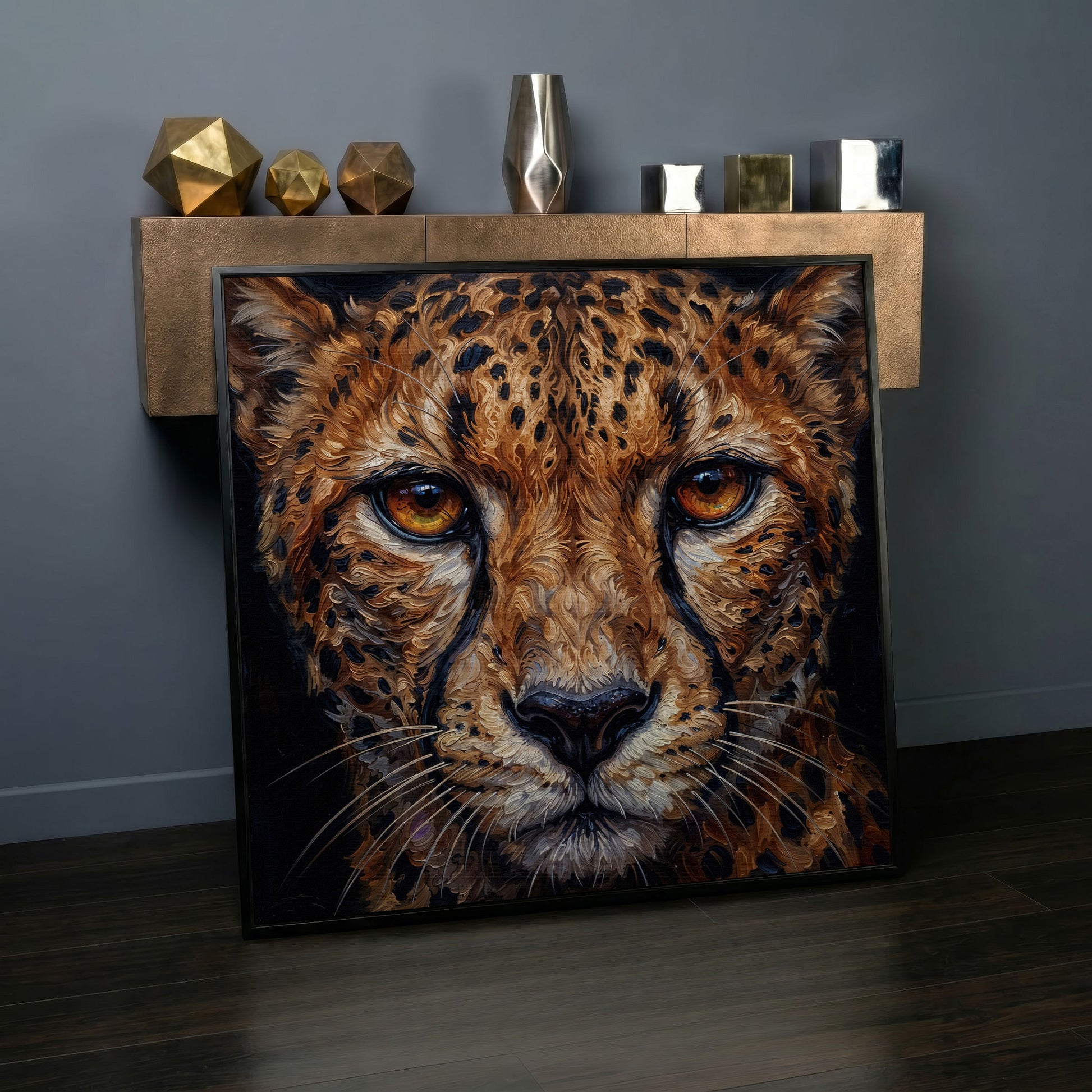 Cheetah Face Close-Up Canvas Wall Art, Square Format in black floating frame