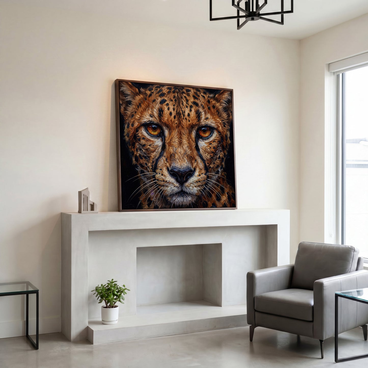 Cheetah Face Close-Up Canvas Wall Art, Square Format in dark walnut floating frame