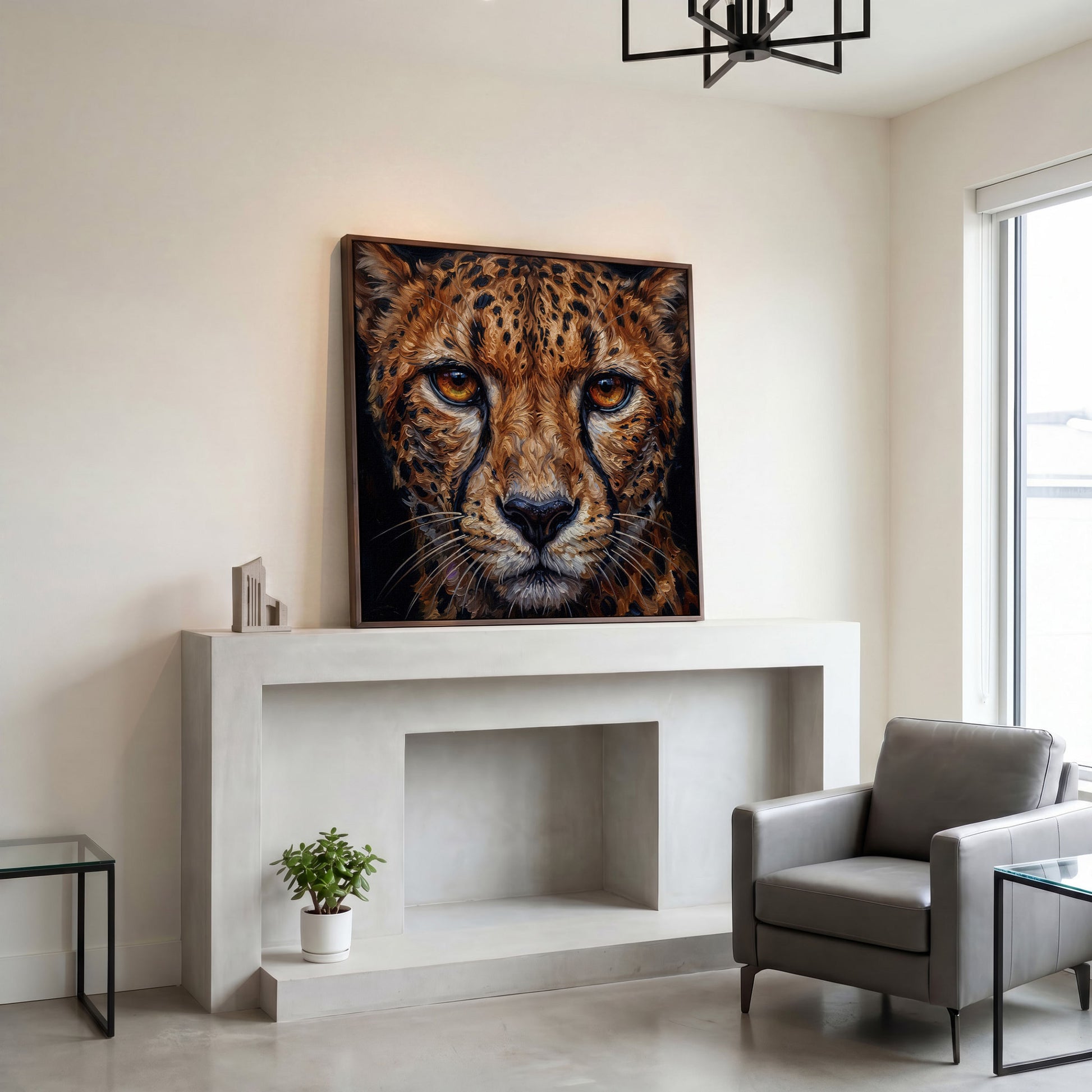 Cheetah Face Close-Up Canvas Wall Art, Square Format in dark walnut floating frame