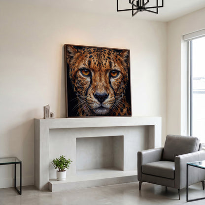 Cheetah Face Close-Up Canvas Wall Art, Square Format in dark walnut floating frame