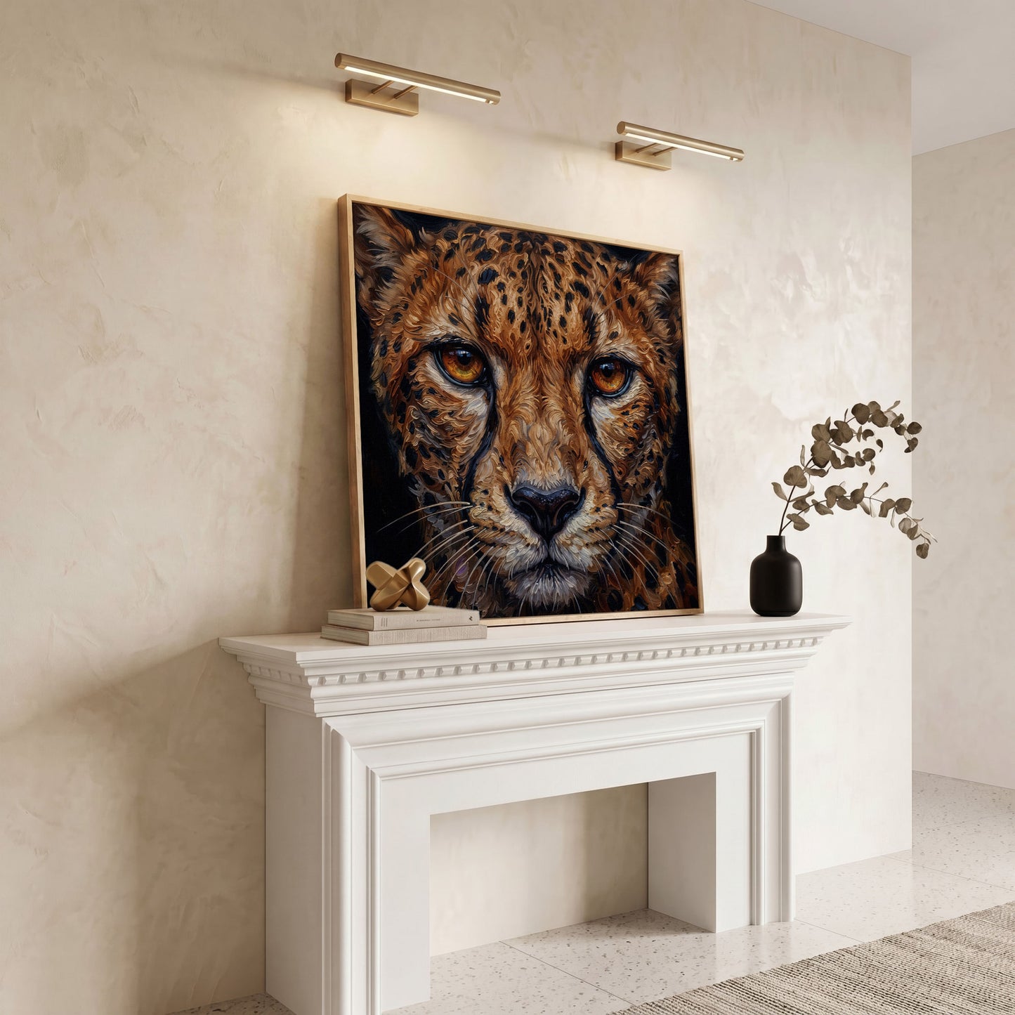 Cheetah Face Close-Up Canvas Wall Art, Square Format in white oak floating frame