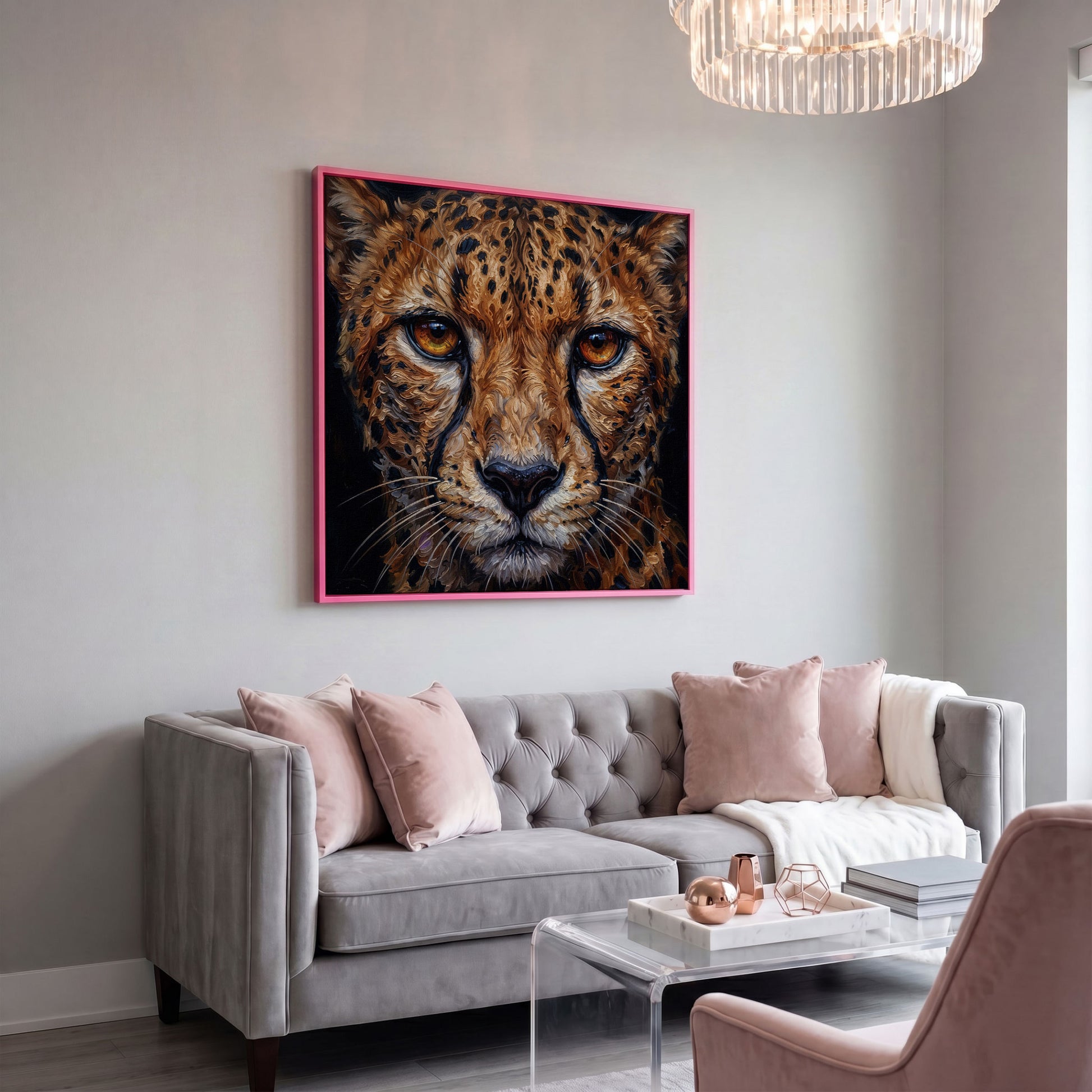 Cheetah Face Close-Up Canvas Wall Art, Square Format in pink floating frame