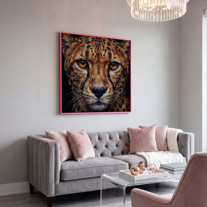 Cheetah Face Close-Up Canvas Wall Art, Square Format in pink floating frame