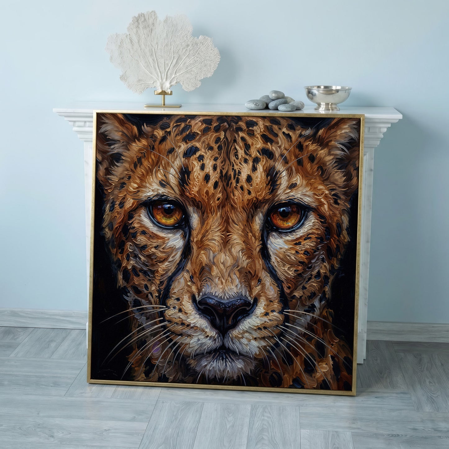 Cheetah Face Close-Up Canvas Wall Art, Square Format in rose gold floating frame