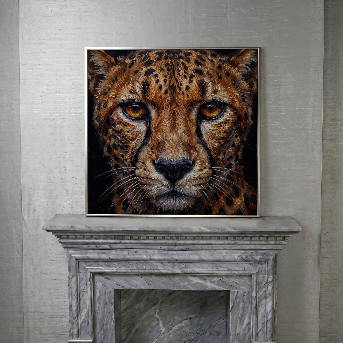 Cheetah Face Close-Up Canvas Wall Art, Square Format in silver floating frame