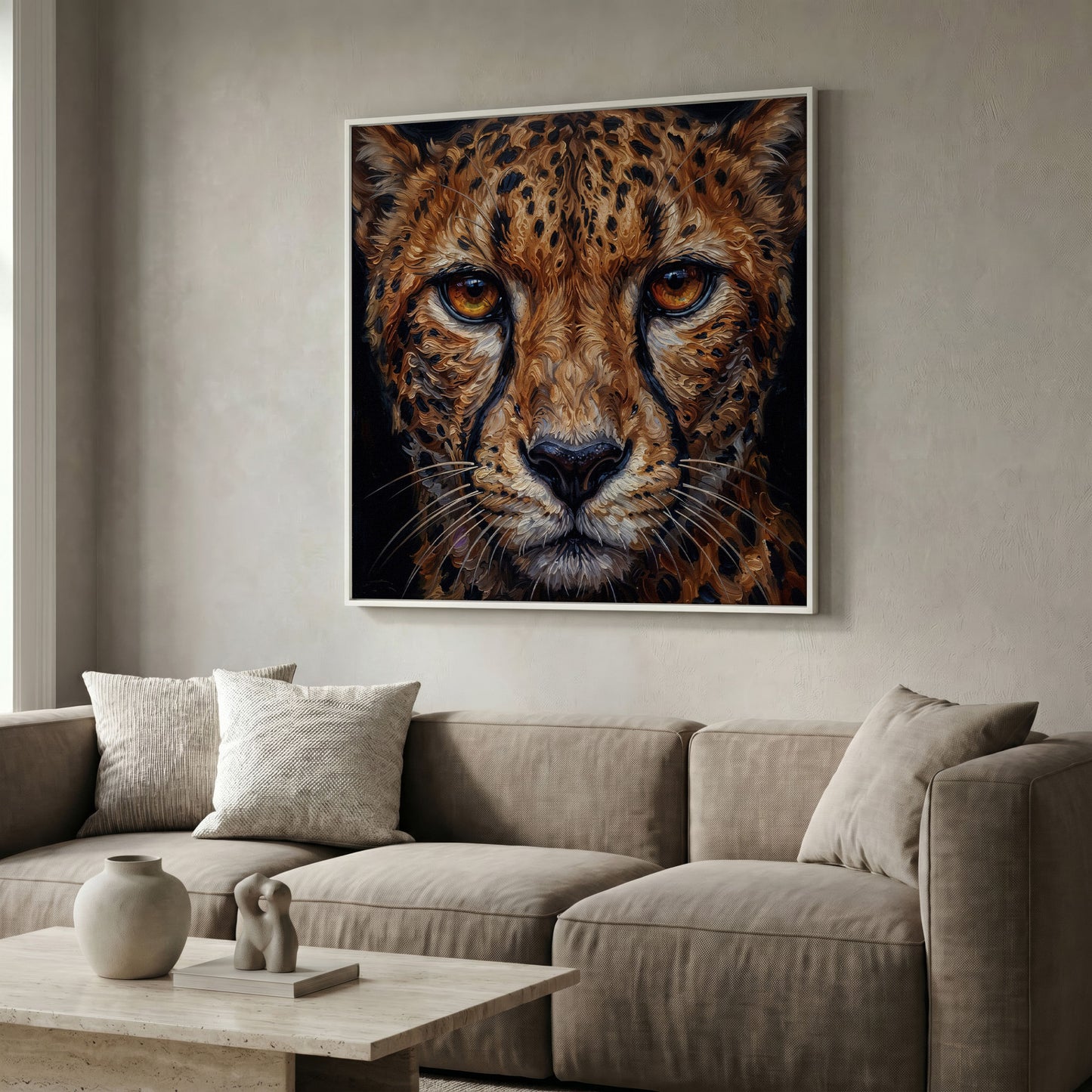 Cheetah Face Close-Up Canvas Wall Art, Square Format in white floating frame
