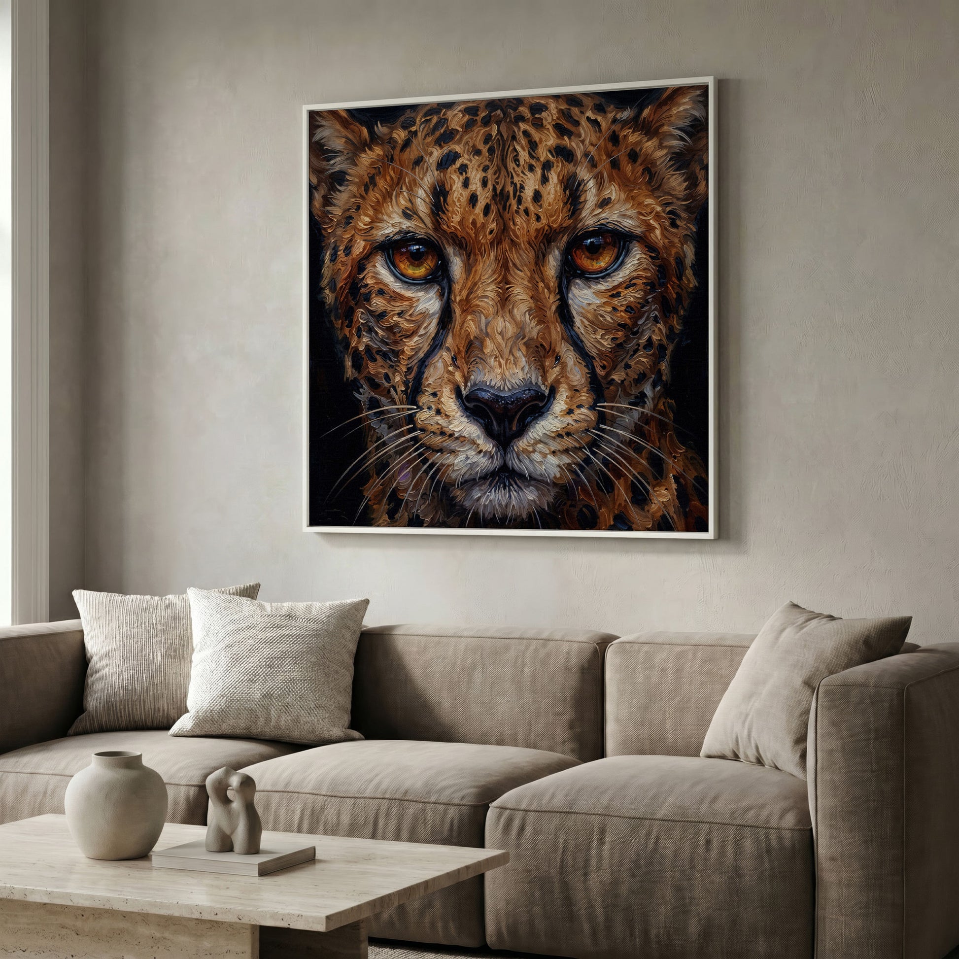 Cheetah Face Close-Up Canvas Wall Art, Square Format in white floating frame