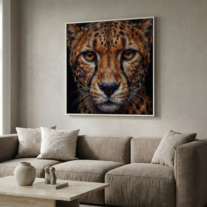 Cheetah Face Close-Up Canvas Wall Art, Square Format in white floating frame