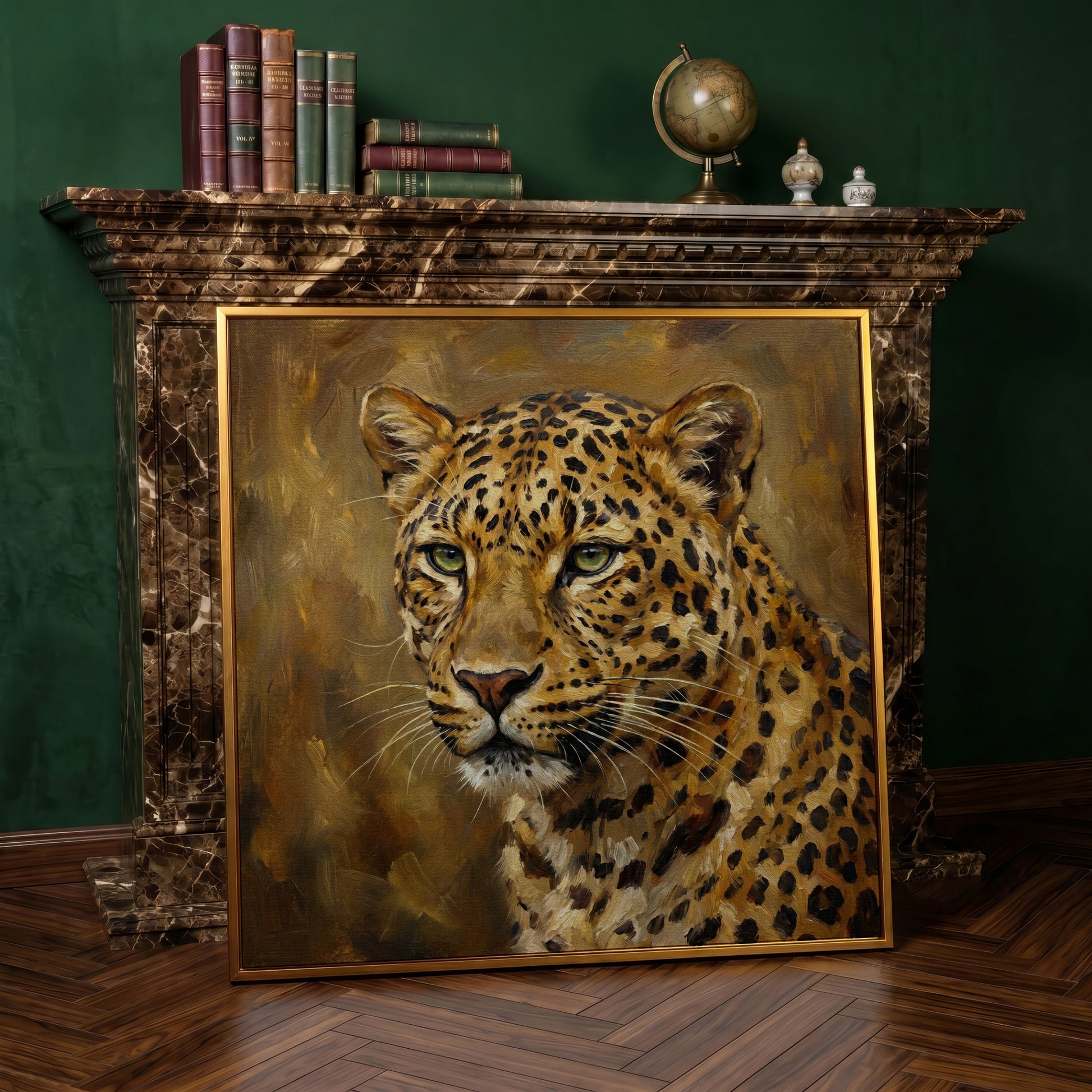 Close-Up Leopard Portrait Canvas Wall Art, Square in antique gold floating frame