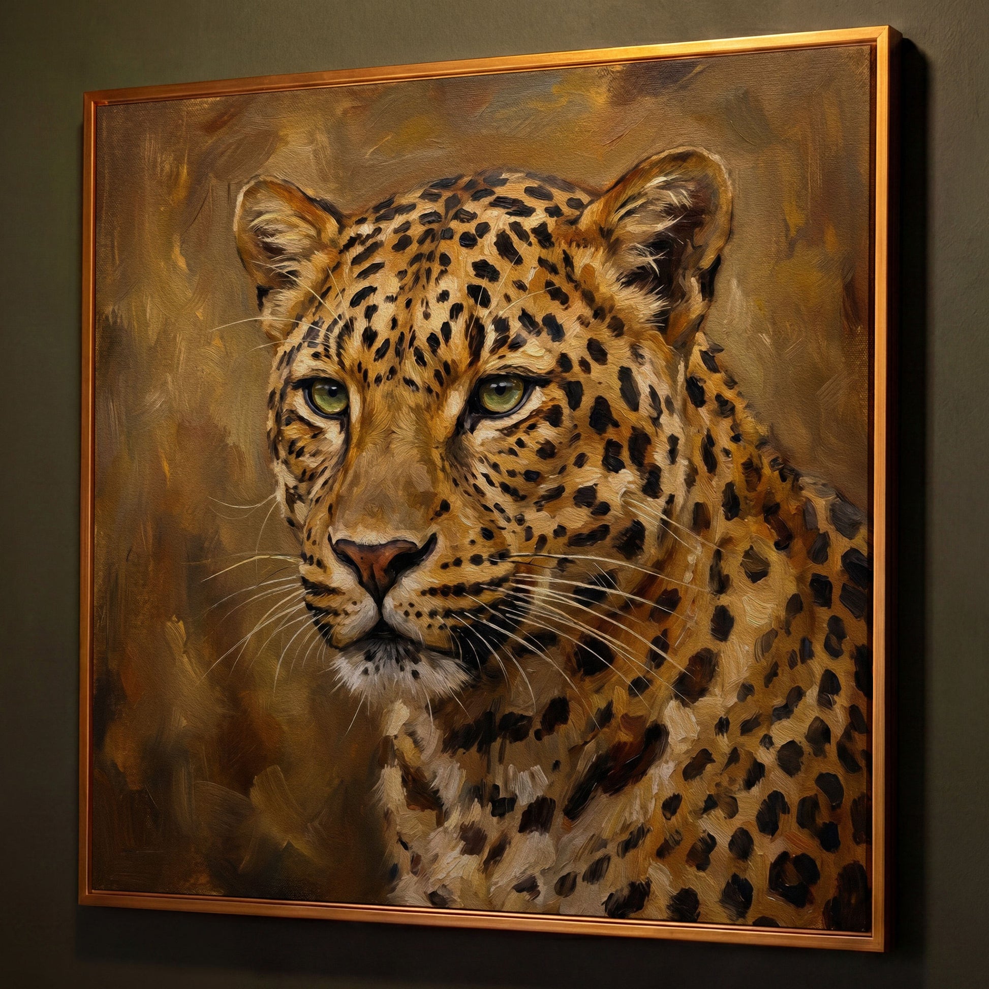 Close-Up Leopard Portrait Canvas Wall Art, Square shown in antique gold floating frame