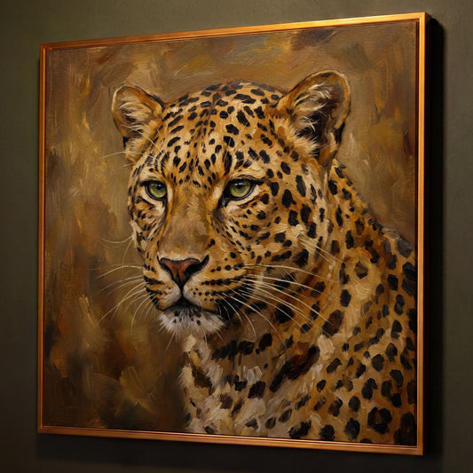 Close-Up Leopard Portrait Canvas Wall Art, Square shown in antique gold floating frame