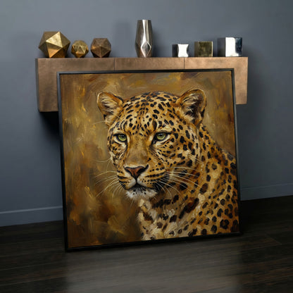Close-Up Leopard Portrait Canvas Wall Art, Square in black floating frame