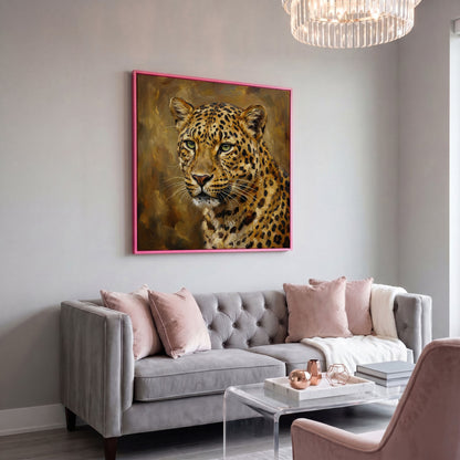 Close-Up Leopard Portrait Canvas Wall Art, Square in pink floating frame