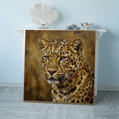 Close-Up Leopard Portrait Canvas Wall Art, Square in rose gold floating frame