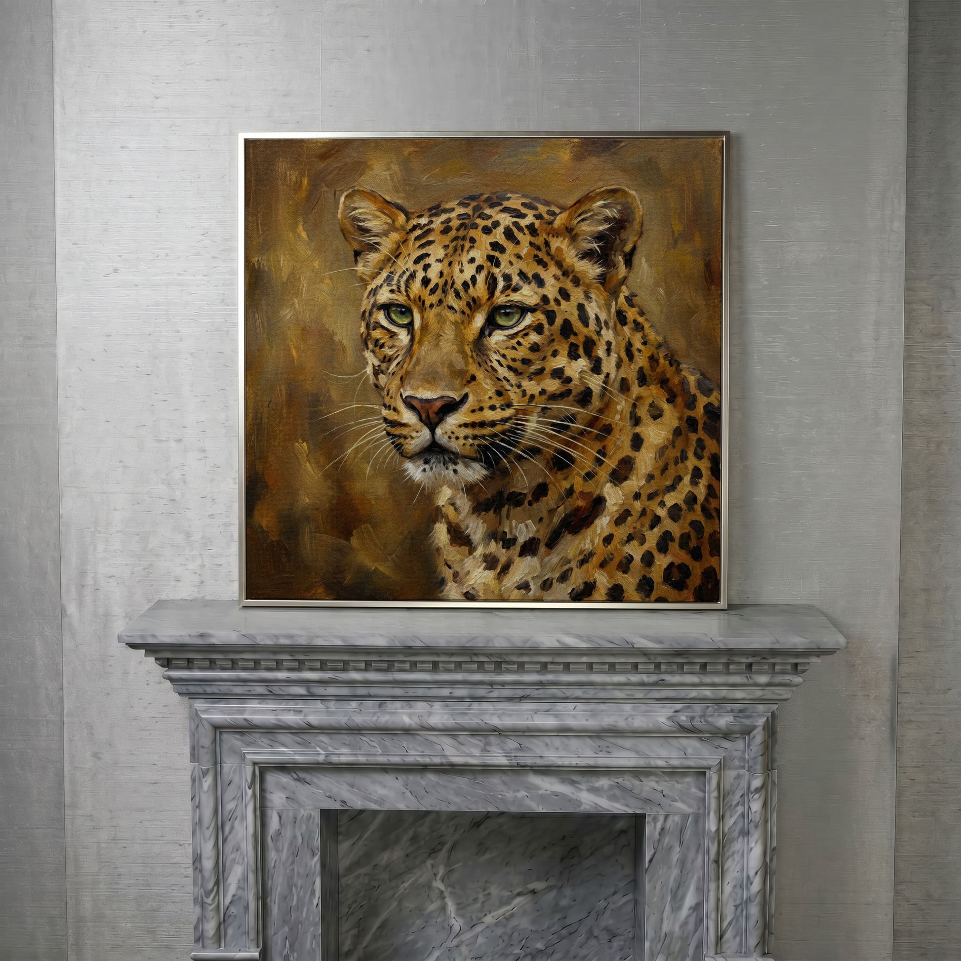 Close-Up Leopard Portrait Canvas Wall Art, Square in silver floating frame