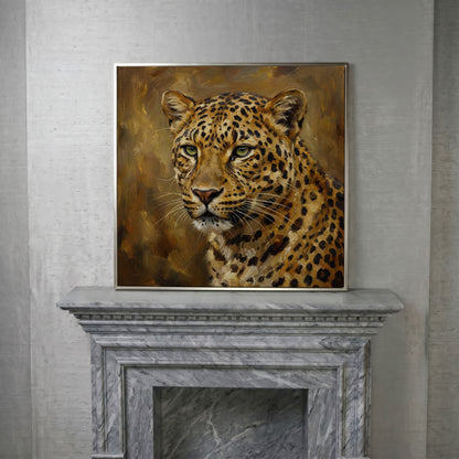 Close-Up Leopard Portrait Canvas Wall Art, Square in silver floating frame